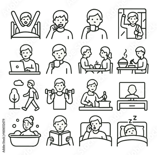 Daily routine of young caucasian male: exercise, relaxation, and work activities illustrated