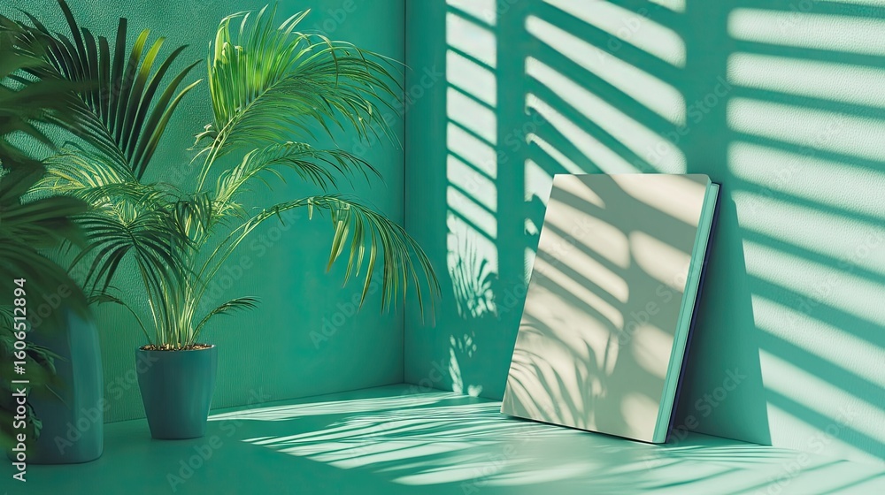 Fototapeta premium A teal room corner features a potted palm plant and a blank canvas leaning against the wall, bathed in sunlight streaming through blinds, casting striped shadows