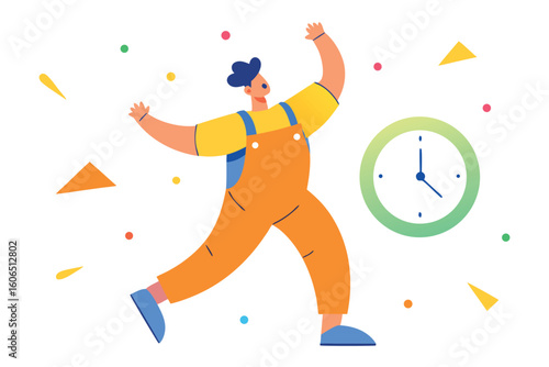 A man is running late with a clock in the background