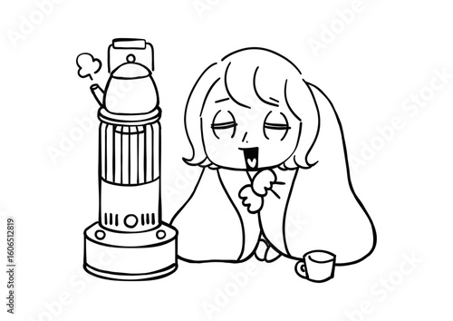石油ストーブで暖をとる女性 / ベクター