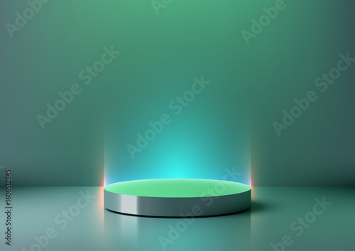 technology background futuristic neon podium with green cyan glow abstract minimal gradient light sci fi product display stage metallic cylinder showcase for hi tech design and innovation