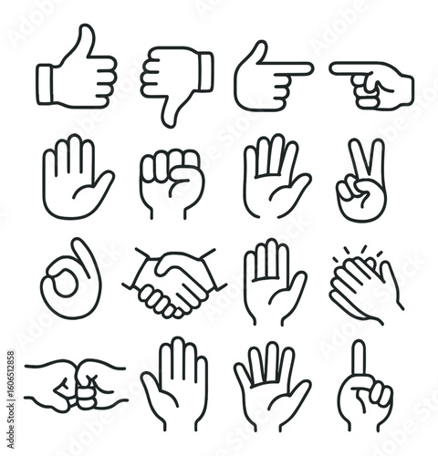 Black hand gesture icons on gray background: thumbs up, peace, clapping