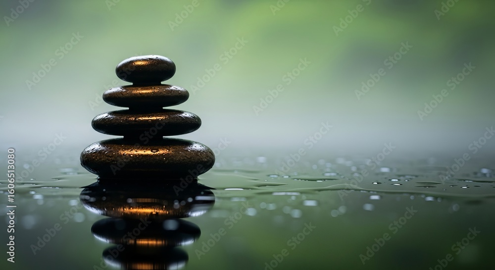 Obraz premium Tranquil Stacked Stones on Water Surface with Soft Green Background