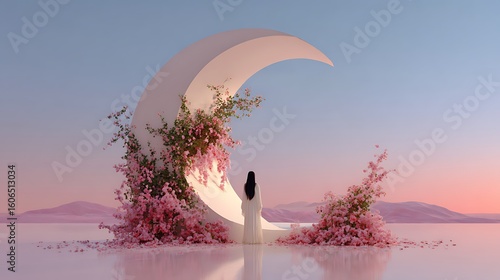 A woman in a white dress stands before a crescent moon adorned with pink flowers in a dreamy landscape
