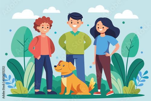 Friends enjoying a sunny day outdoors with their cheerful dog in a vibrant flat design style surrounded by lush greenery and playful clouds