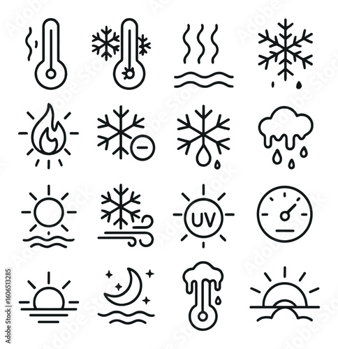 Weather icons: temperature, snowflake, sun, rain, wind, uv, thermometer