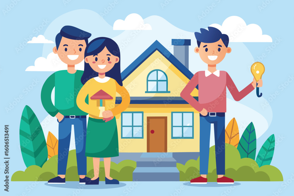 Happy couple holding a house symbol and light bulb while standing in front of their cheerful home in a vibrant neighborhood during a sunny day Happy couple holding a house symbol and light bulb while standing in front of their cheerful home in a vibrant neighborhood during a sunny day