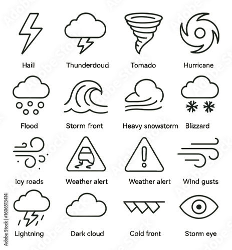 Weather icons: hail, thundercloud, tornado, hurricane, flood, storm, snowstorm, blizzard