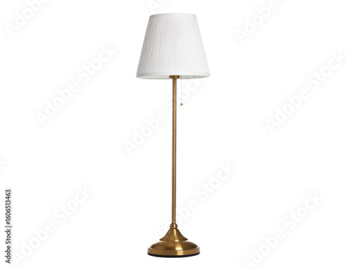 A modern black floor lamp with a white shade, isolated on a white background, for home lighting and decor.