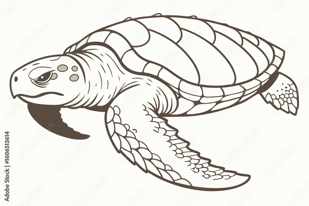 Fototapeta premium Contour Drawing of a Sea Turtle Swimming with a Determined Expression, a Detailed Vector Illustration