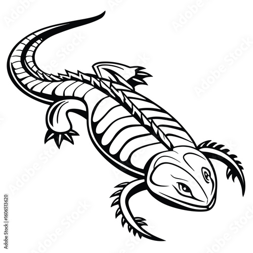 Monochrome Tattoo Style Illustration of a Bearded Dragon Lizard with Spikes and a Curled Tail Design