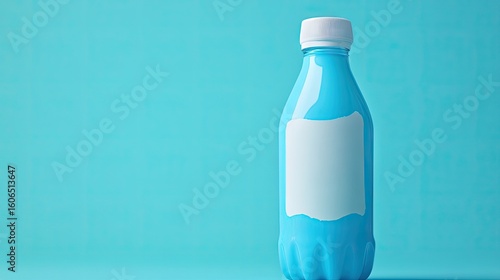 A light blue plastic bottle with a blank white label stands against a matching pastel blue background.  The bottle has a white screw-on cap
