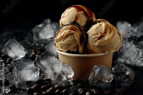 Coffee and vanilla ice cream in paper cup with dramatic lighting