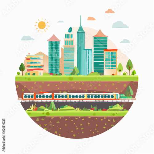 City skyline above tunnel with train traveling underground