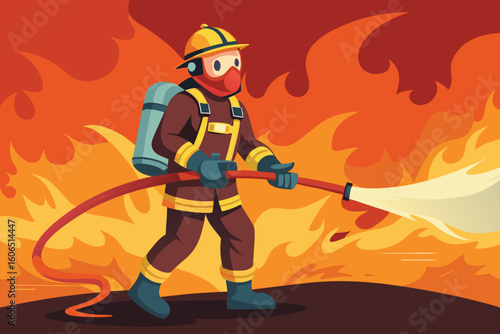 Firefighter in protective gear uses hose to combat flames during wildfire response operation in a challenging environment