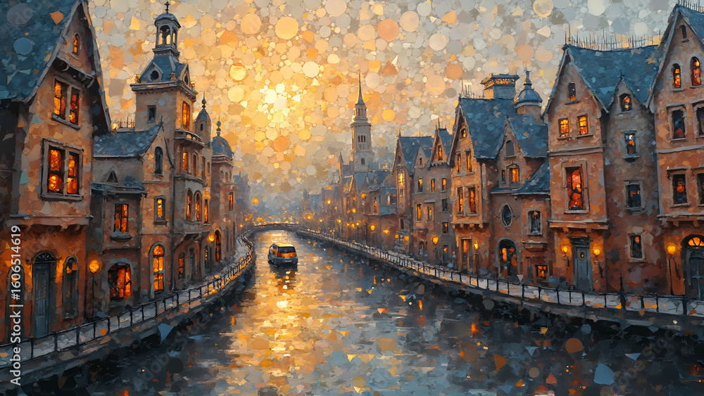 Fototapeta premium Mosaic of geometrical shapes in cityscape. Ultra-realistic city skyline art. Colorful geometric patterns in urban design. Stunning visual representation of city life.