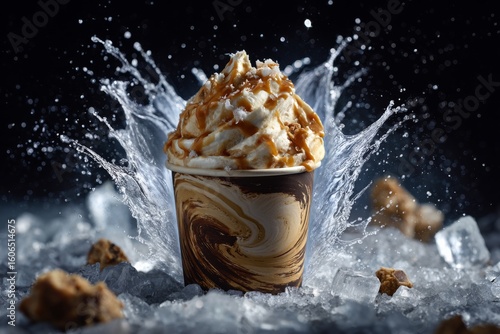 Close-up of coffee vanilla swirl ice cream with crushed ice