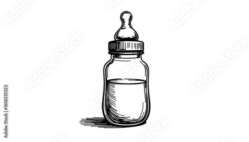 Baby bottle sketch in black and white outline style  