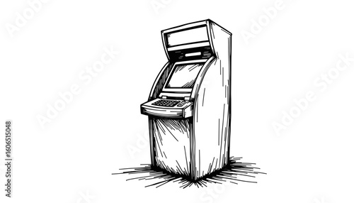 Sketch of a black-and-white ATM machine on a white background  