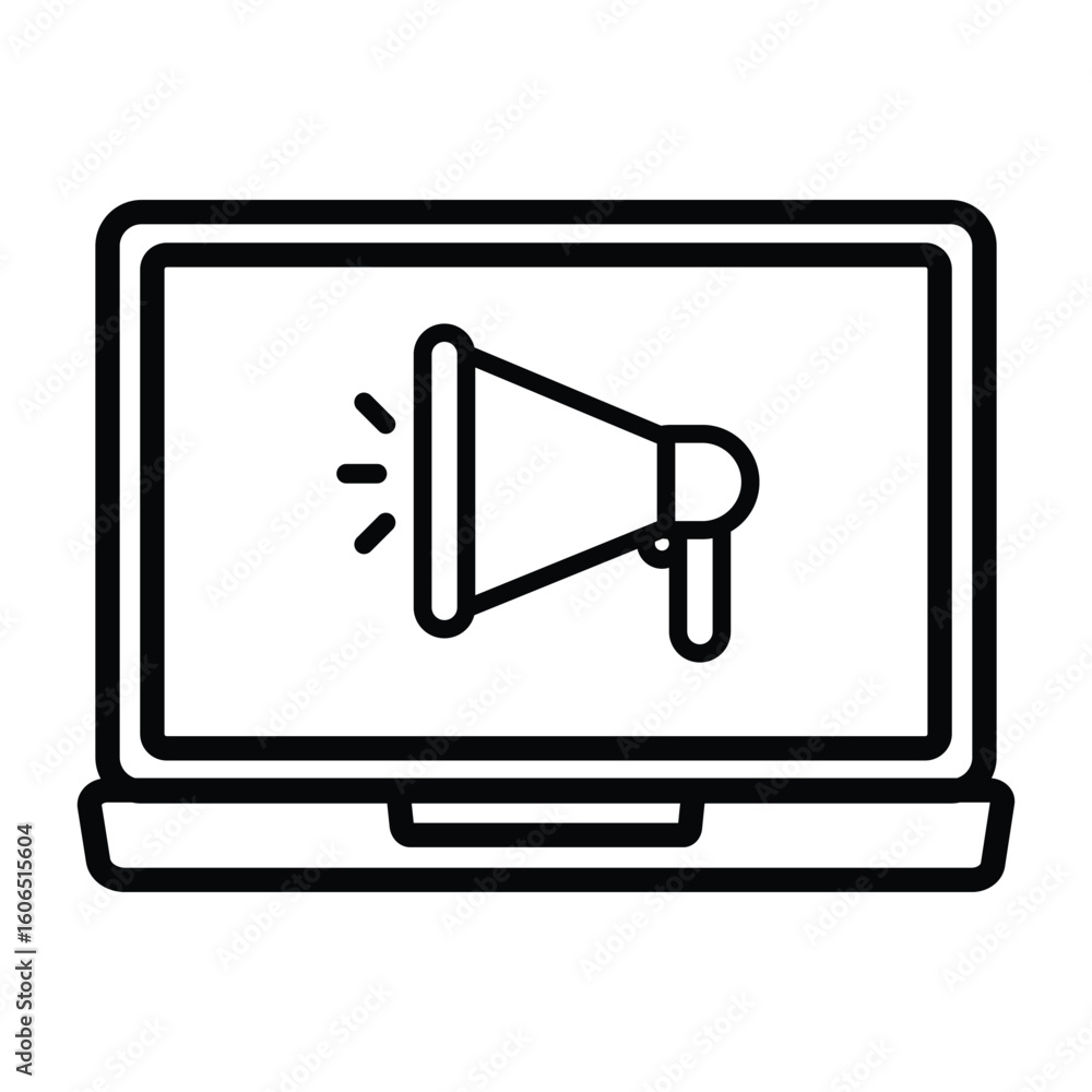 Fototapeta premium Laptop display showing a stylized megaphone icon with sound wave symbols emanating from its flared end