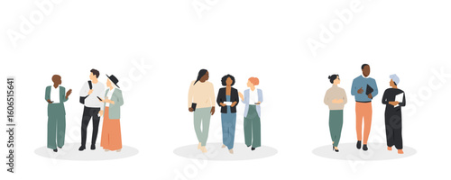 Collection of groups of people talking to each other. Communication concept.