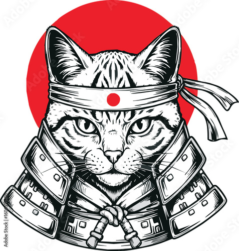 A striking black and white illustration of a cat embodying a samurai warrior, complete with armor and a traditional Japanese red sun background.