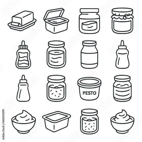 Collection of various food containers including jars and bottles with sauces and spreads