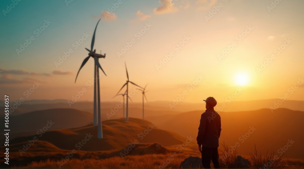 Fototapeta premium Wind Turbine Landscape with Man at Sunset