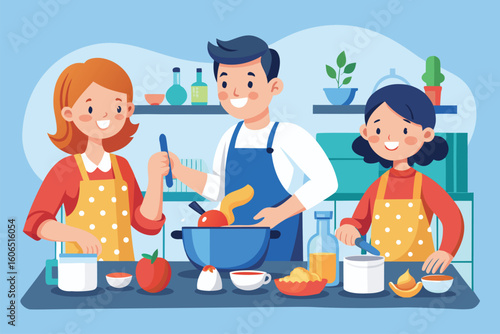 Family enjoys cooking together in a cozy kitchen with parents and child preparing a delicious meal while having fun