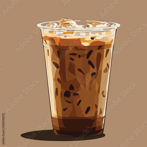 Vector illustration of ice coffee with ice in clear plastic cup