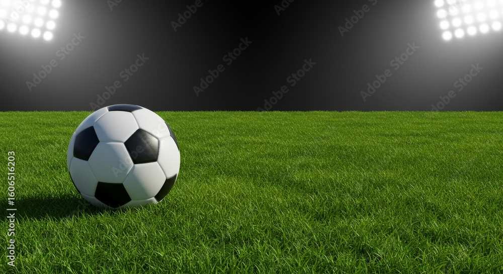 Fototapeta premium Soccer Ball on Grass Field Under Bright Stadium Lights at Night
