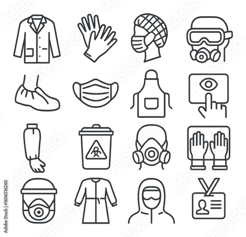 Industrial safety equipment icons: masks, gloves, suits, goggles, apron, protection