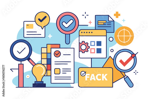 Concept of decision making in fact checking process involving various tools and techniques in a modern digital workspace setting