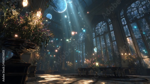 The grand ballroom is bathed in celestial light, with planets and stars visible through the arched windows, creating a magical and romantic atmosphere