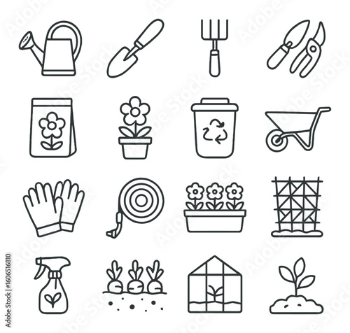 Garden tool icons: watering can, gloves, wheelbarrow, pots, greenhouse, spray bottle, shovel, pruning shears