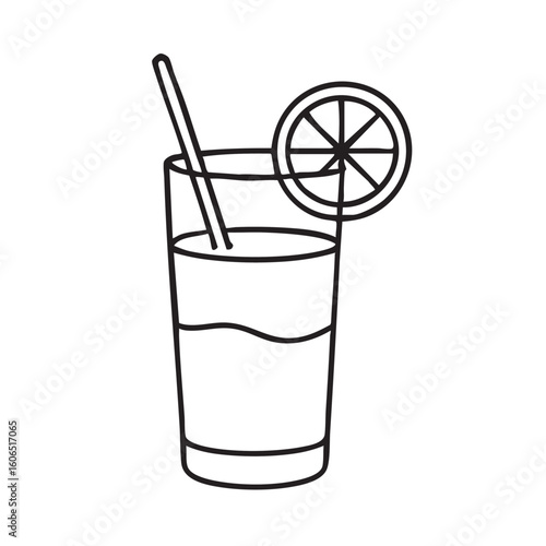Minimalist Line Art Illustration of a Refreshing Drink with Lemon and Straw in a Glass