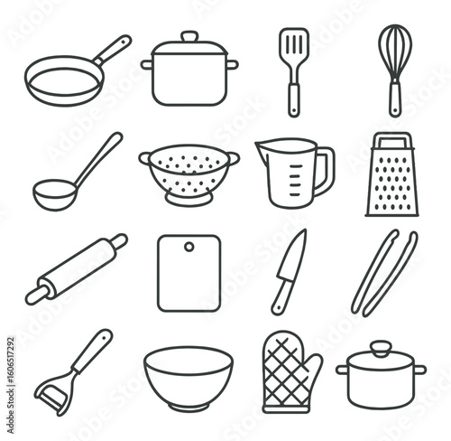 Collection of kitchen utensil icons: frying pan, pot, grater, ladle, knife, whisk, bowl, mitt