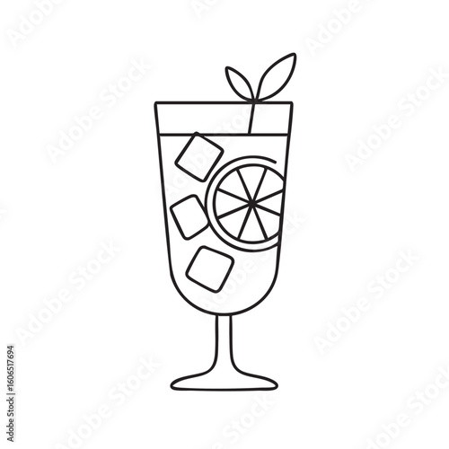 Line Art Illustration of a Refreshing Cocktail with Ice Lemon Slice and Mint Garnish simple