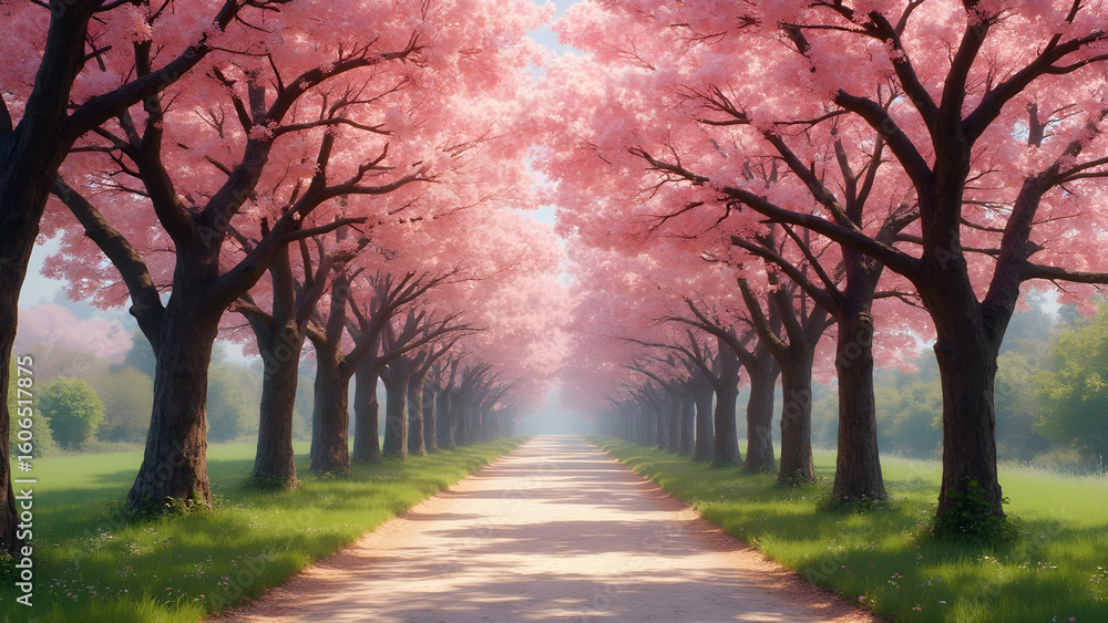 Fototapeta premium Cherry blossom tree path in bloom. Ultra realistic cherry tree landscape. Symmetrical cherry trees in spring. Beautiful pink flower corridor photography.