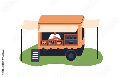 Food trailer on street. Mobile bakery cart selling fresh bread, buns, rolls, baked goods under canopy. Outdoor wheeled stand with vendor. Flat vector illustration isolated on white background