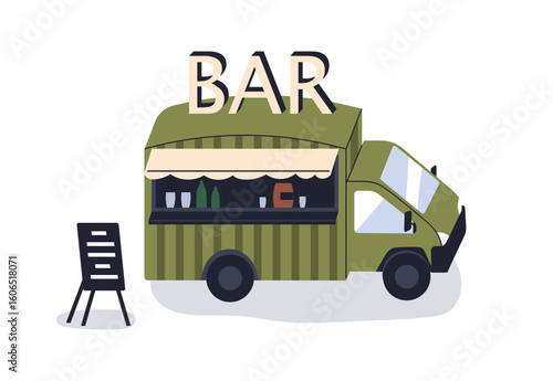 Food truck, bar. Portable trailer, street van with alcohol drinks, summer beverages, cocktail and menu board outdoors. Mobile cafe on wheels. Flat vector illustration isolated on white background