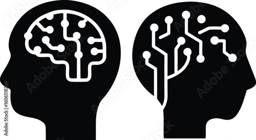 digital art, two stylized human head silhouettes with neural networks in black and white, minimalist, monochrome, clean design, simple, elegant
