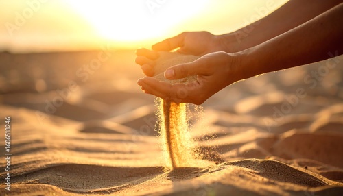 Hands releasing sand at sunset