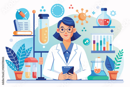 Female doctor scientist conducting research in a modern laboratory, engaging with test tubes and scientific equipment during a typical workday