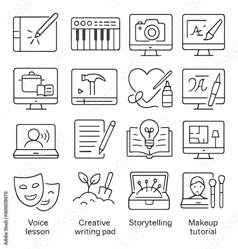 Icon set representing creative art, music, writing, and online learning tools