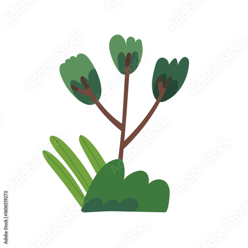 Green plants, abstract tree branch with leaf, grass, bush. Foliage decoration...