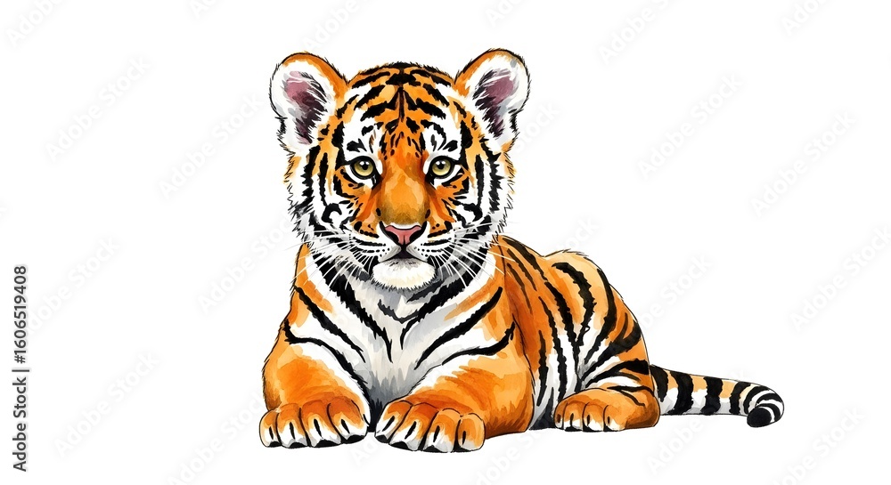 Fototapeta premium Watercolor drawing of a sitting tiger cub on a white background