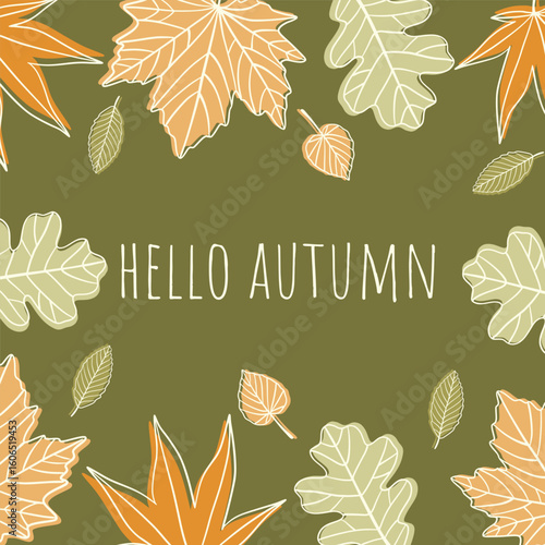 Flat abstract autumn banner with “Hello Autumn” text and decorative leaf silhouettes on both sides. Fall background, Sale banner or flyer design. Template for advertising, web, social media, print