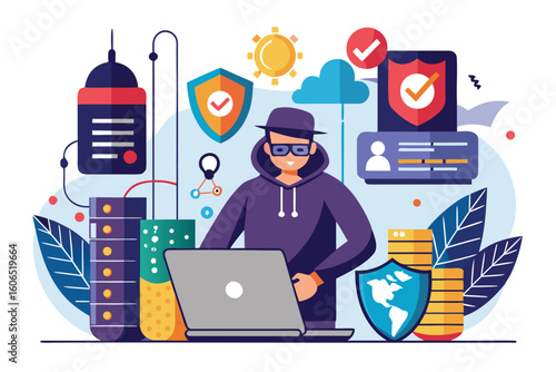 Cybersecurity expert analyzing database security and assessing phishing vulnerabilities in a modern digital environment with various security icons and tools
