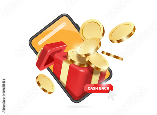 Gold coins or dollars float down red gift box and all on smartphone screen for advertising design of Cash back promotion campaign, more you buy more you get money back, vector 3d illustration isolated